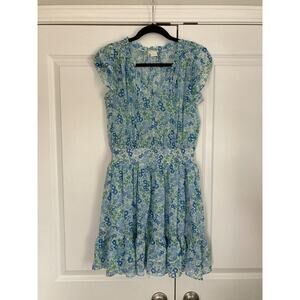 Shoshanna Edelie Dress Aqua Blue Floral Ruffle Mini Wedding Boho Coquette Size 4